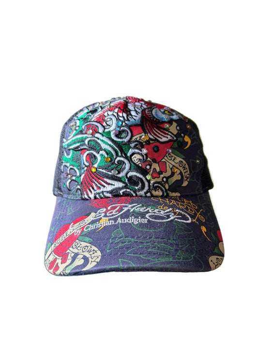 Ed Hardy by Christian Audigier trucker cap, often featuring signature tattoo-inspired graphics and rhinestone