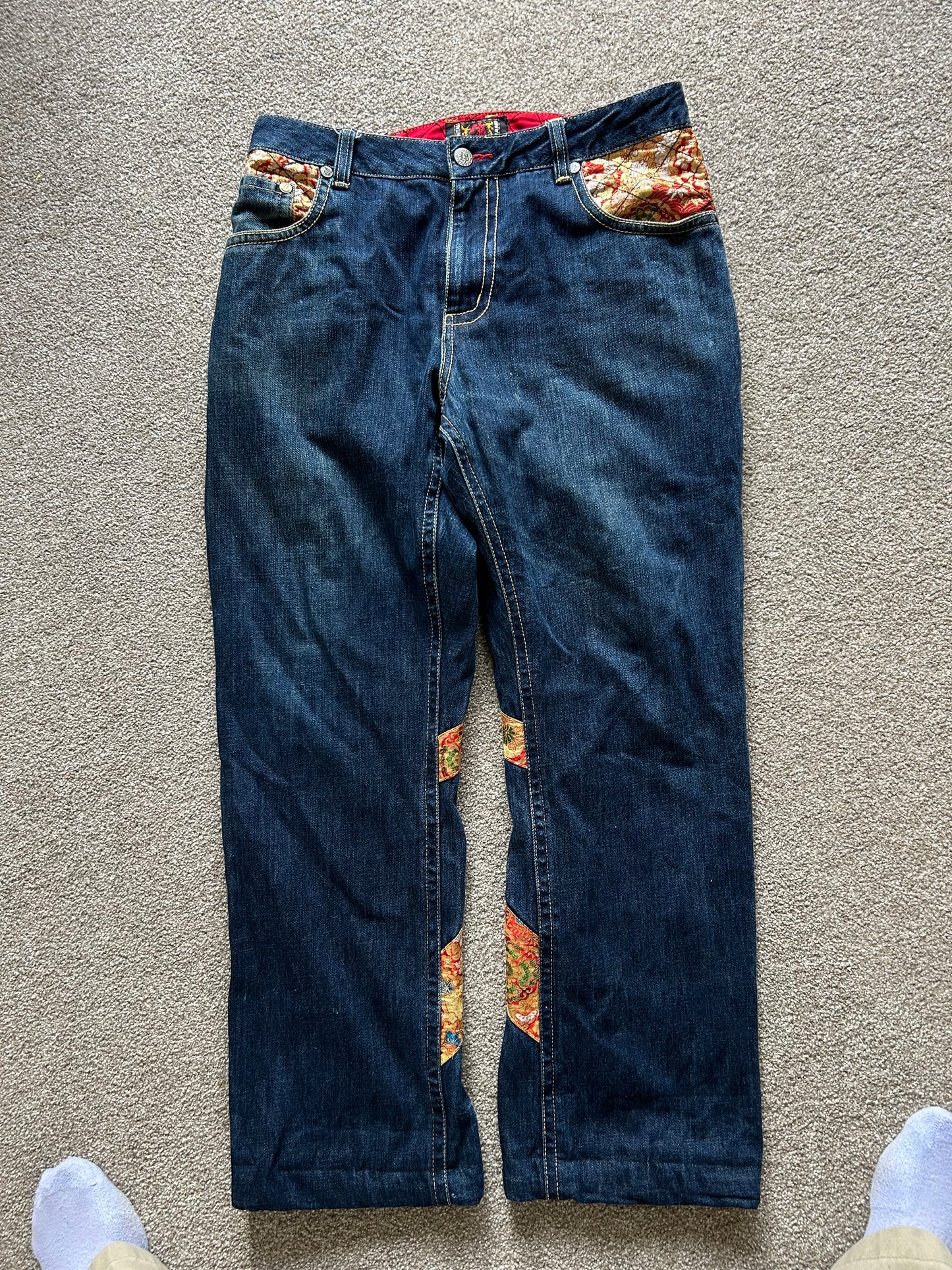 2010s Nishiki Japanese Kimono Thunder Patch Denim Jeans size 34