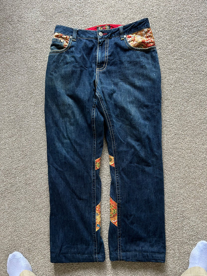 2010s Nishiki Japanese Kimono Thunder Patch Denim Jeans size 34