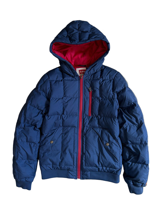 Pertex blue puffer jacket with a red inner lining and red zippers, produced by Levi's Small