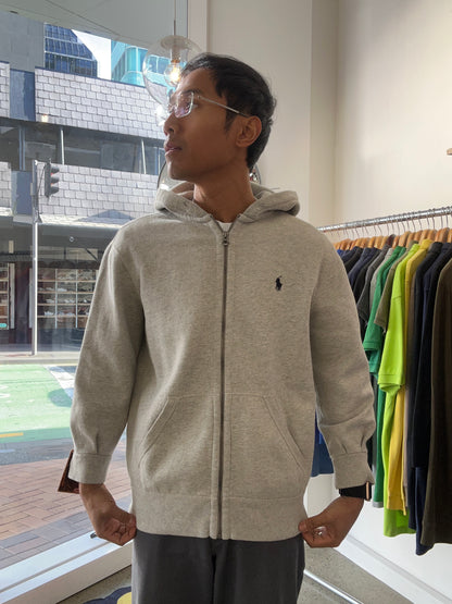 Grey Polo Ralph Lauren full-zip hoodie with an embroidered black signature pony logo on the chest Medium