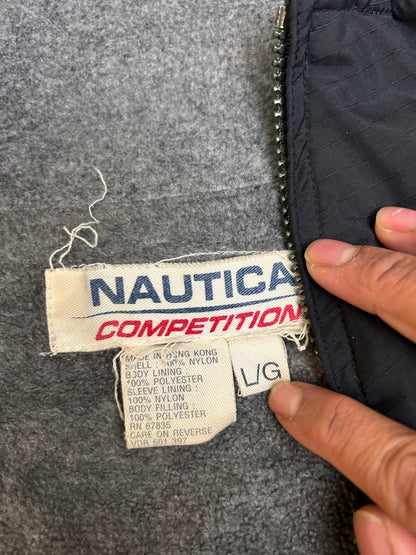 vintage Nautica Competition pullover jacket featuring a green nylon shell with a grey fleece lining and orange accents XL