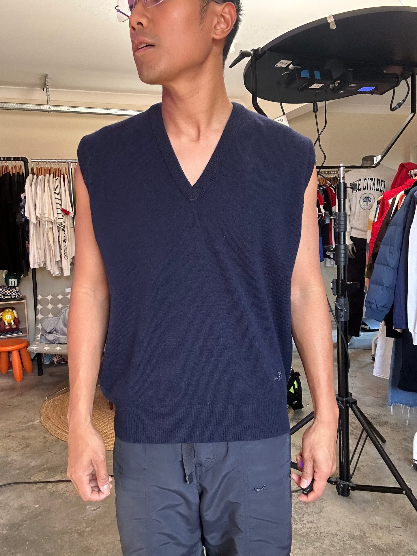 navy blue knitted v-neck vest is a vintage Wolsey brand garment made in New Zealand Medium