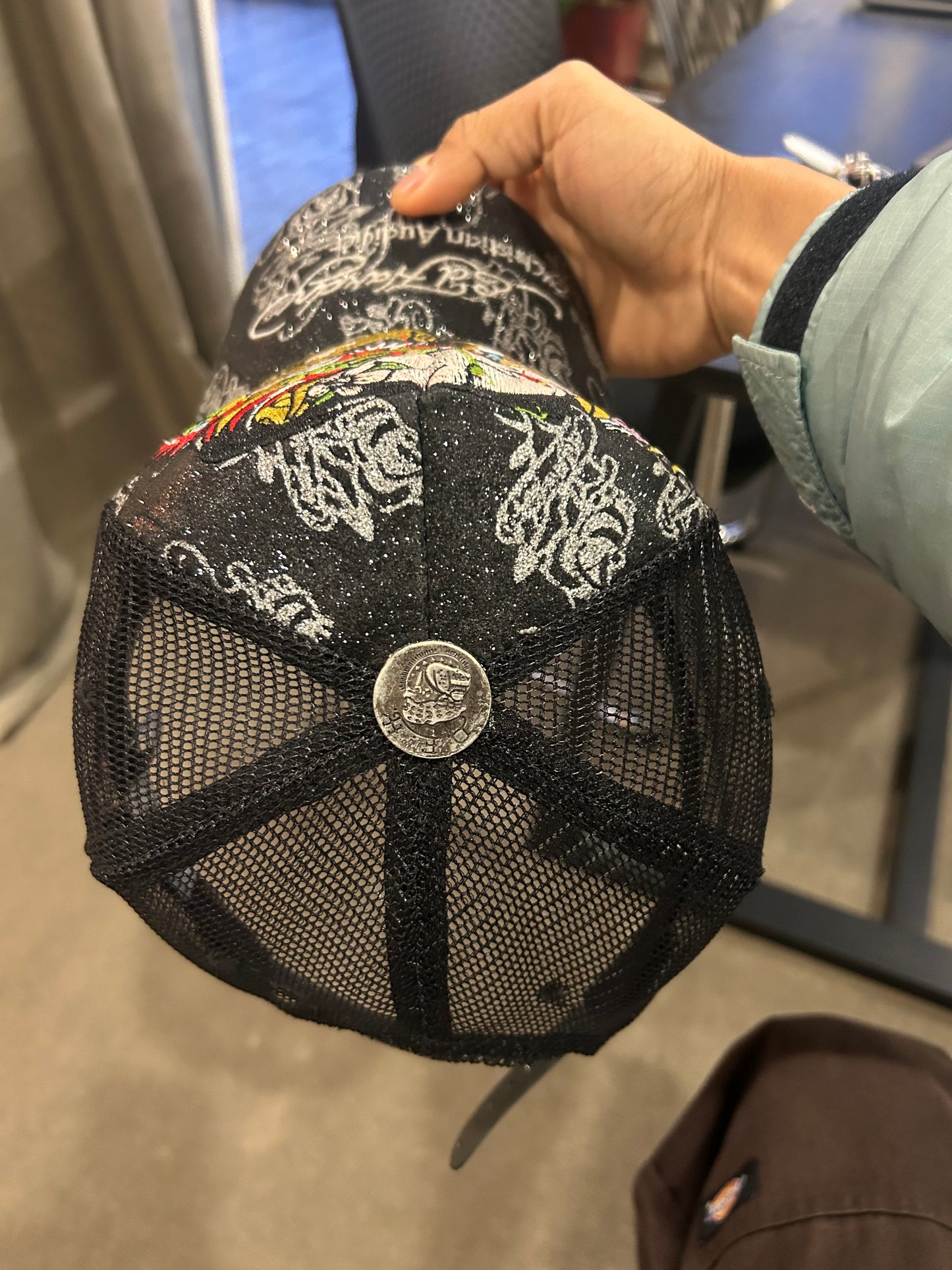 Vintage black Ed Hardy trucker cap features prominent embroidered dragon and geisha