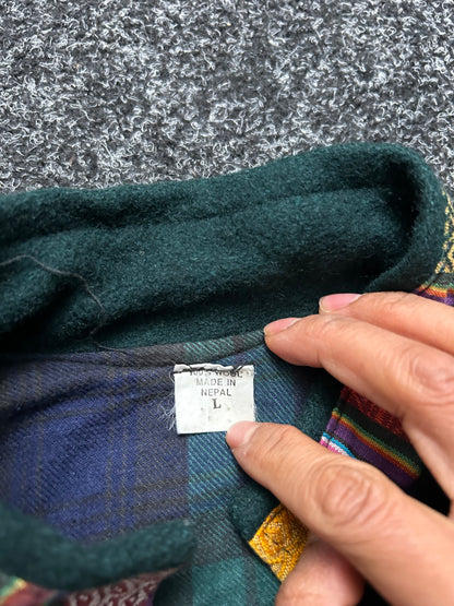 Mens Heavy Flannel Lined Nepal Hoodie Hippie Pullover Hidden Stash Pocket L