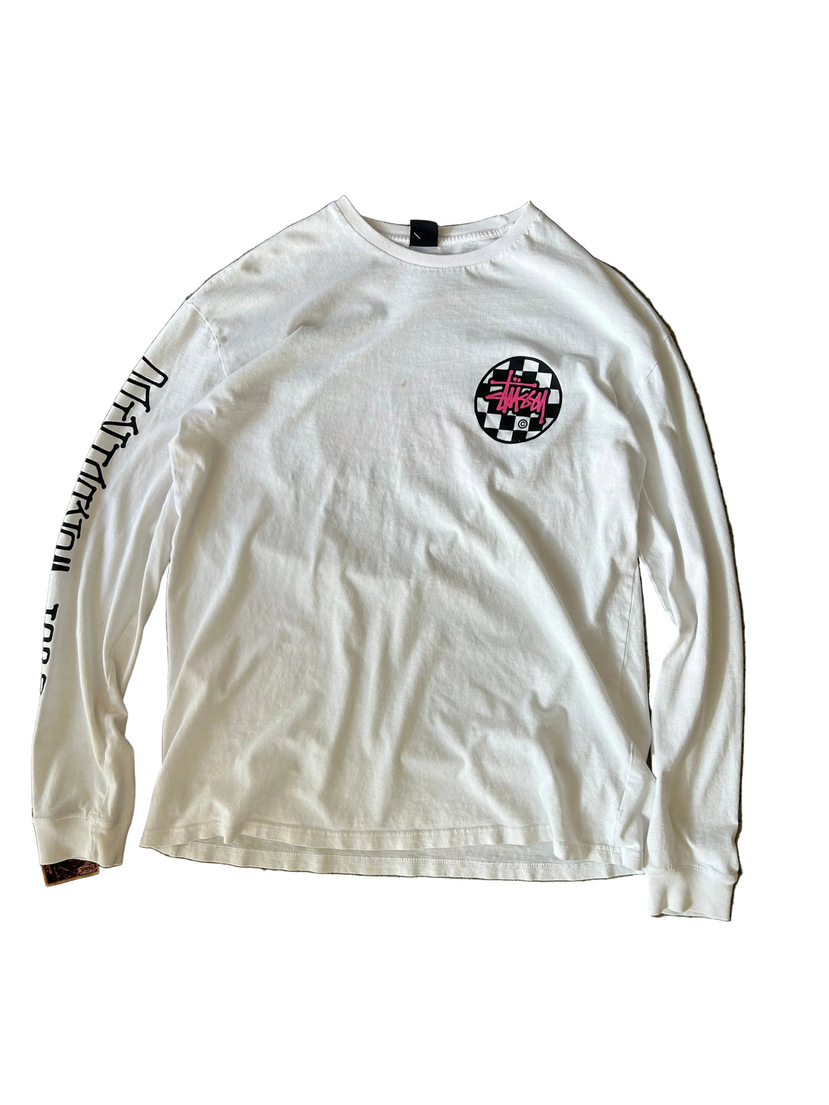 Stussy Pink Logo Checkerboard White Long Sleeve Medium (Worn Condition)