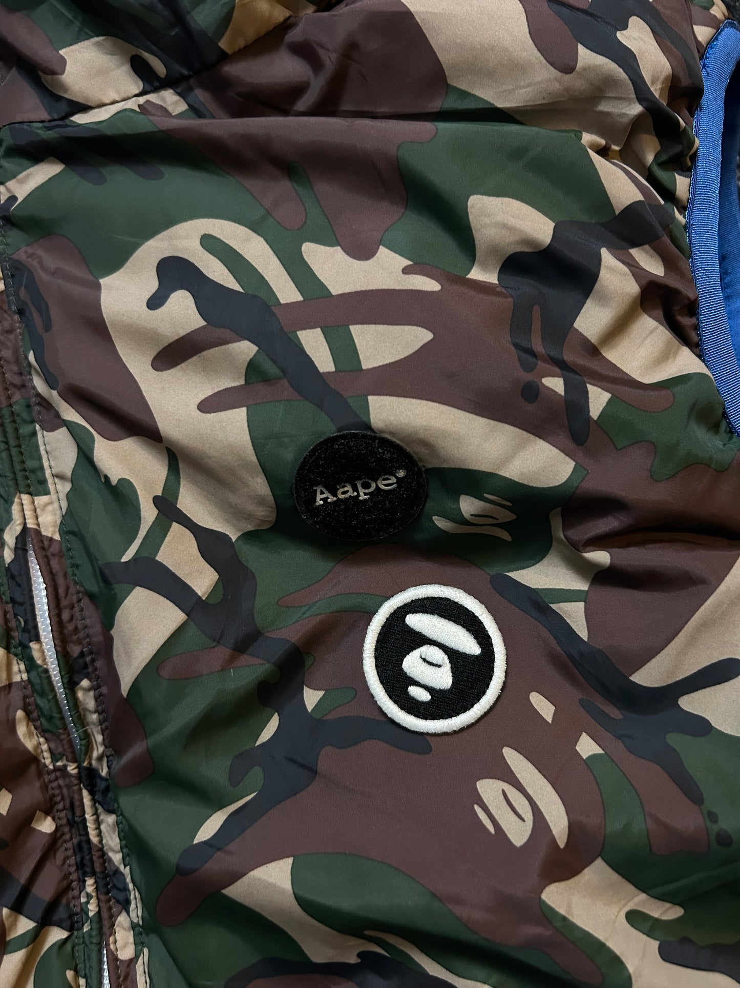A Bathing Ape AAPE BAPE Down Hooded Vest Reversible Large Pertex Blue Camo