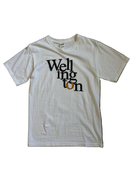white cotton t-shirt featuring a "Wellington" graphic Small Anvill Blue Tag