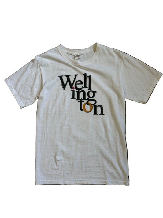 white cotton t-shirt featuring a "Wellington" graphic Small Anvill Blue Tag