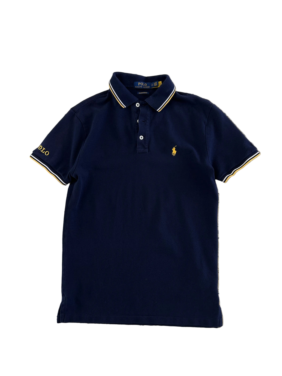 navy blue Polo Ralph Lauren custom slim-fit piqué polo shirt detailed with yellow and white tipped collar and sleeve trim, plus a yellow embroidered pony logo Small