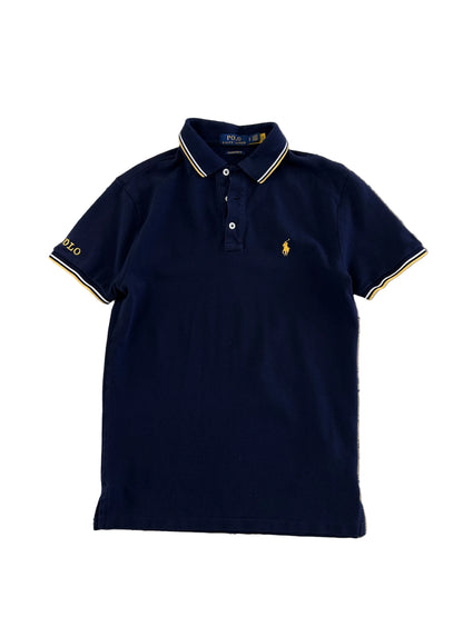 navy blue Polo Ralph Lauren custom slim-fit piqué polo shirt detailed with yellow and white tipped collar and sleeve trim, plus a yellow embroidered pony logo Small