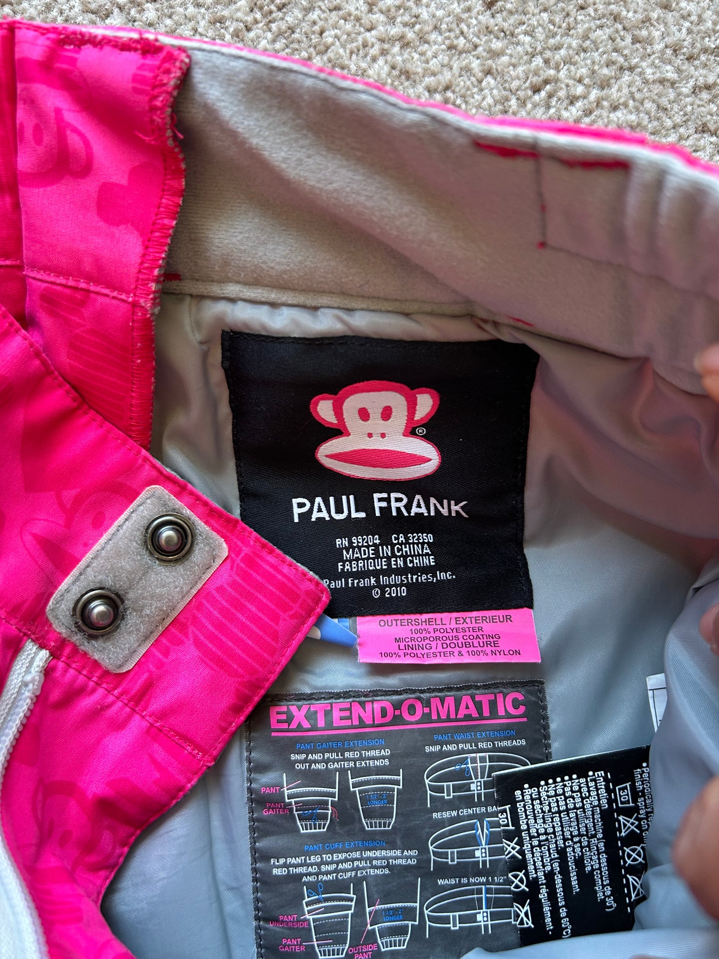 deep pink Paul Frank girls' snow pants size 26