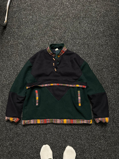 Mens Heavy Flannel Lined Nepal Hoodie Hippie Pullover Hidden Stash Pocket L