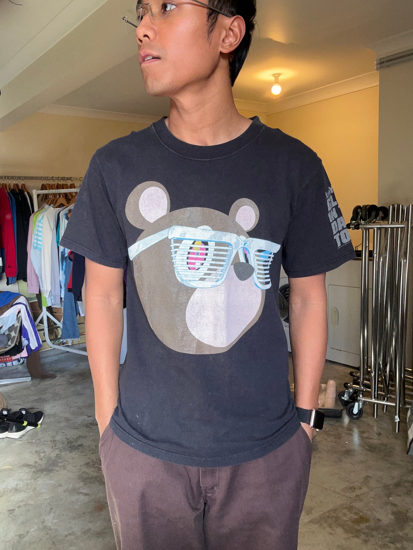 black Anvil Tag t-shirt 2007 vintage item from Kanye West's Glow in the Dark Tour, featuring the iconic Graduation bear graphic designed by Takashi Murakami Small