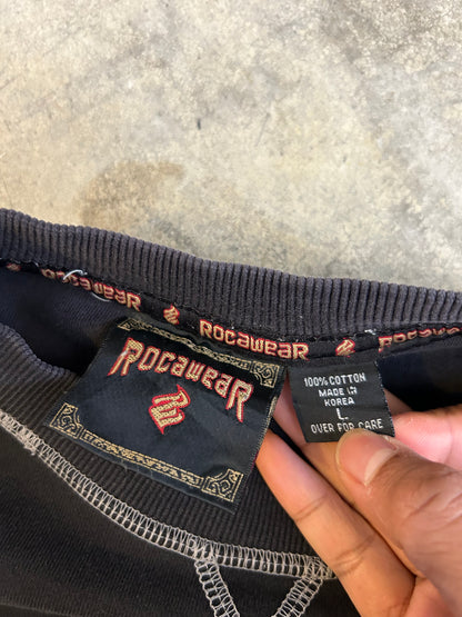 vintage black Rocawear crewneck sweatshirt featuring white contrast stitching Large