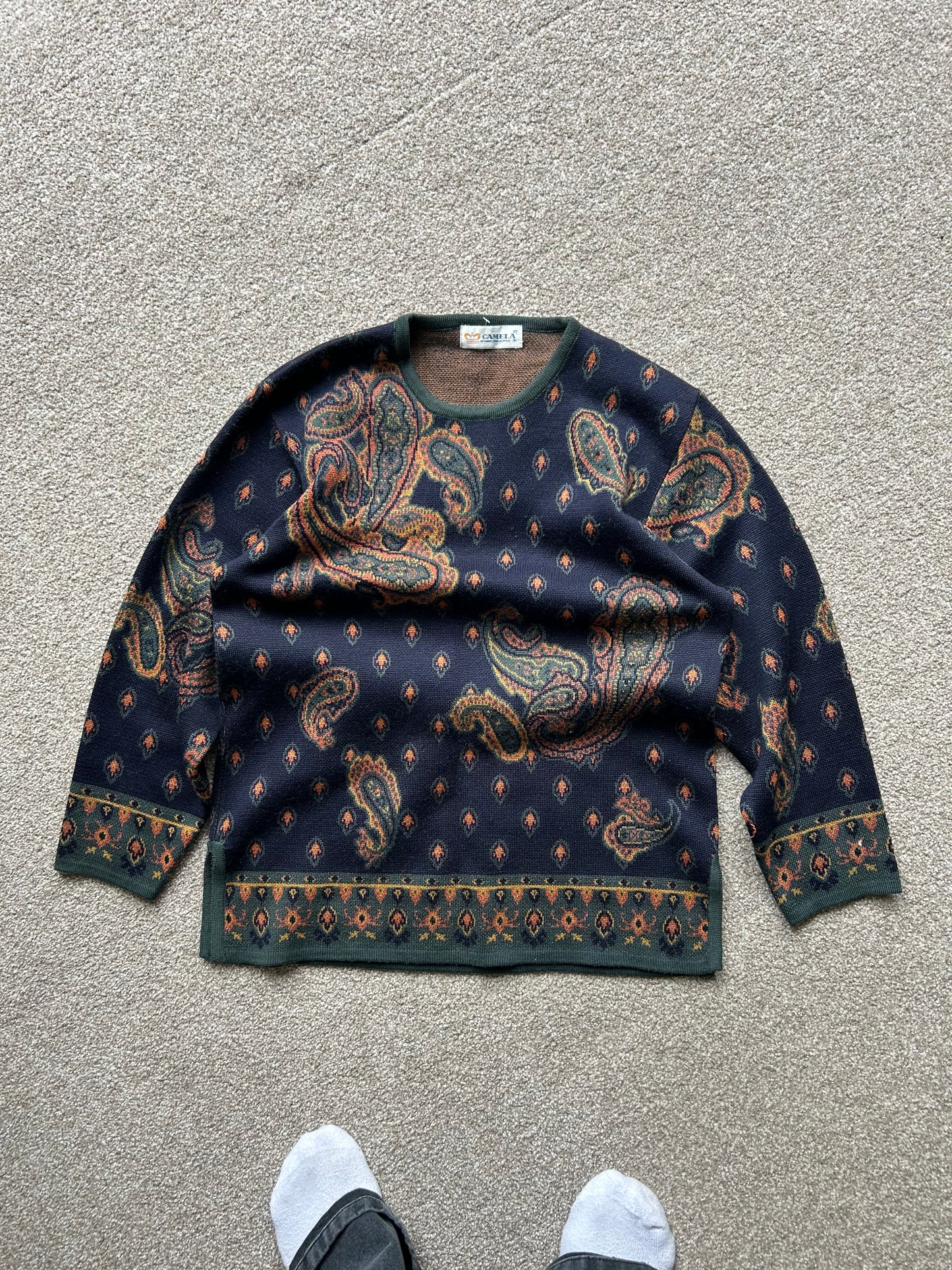Vintage Paisley Patter Knitted Jumper Sweater Camela Navy Blue Small