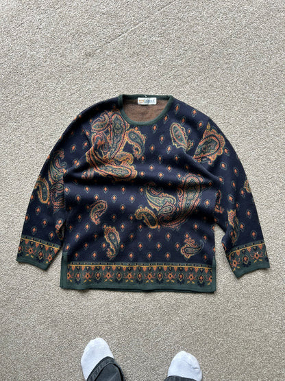 Vintage Paisley Patter Knitted Jumper Sweater Camela Navy Blue Small