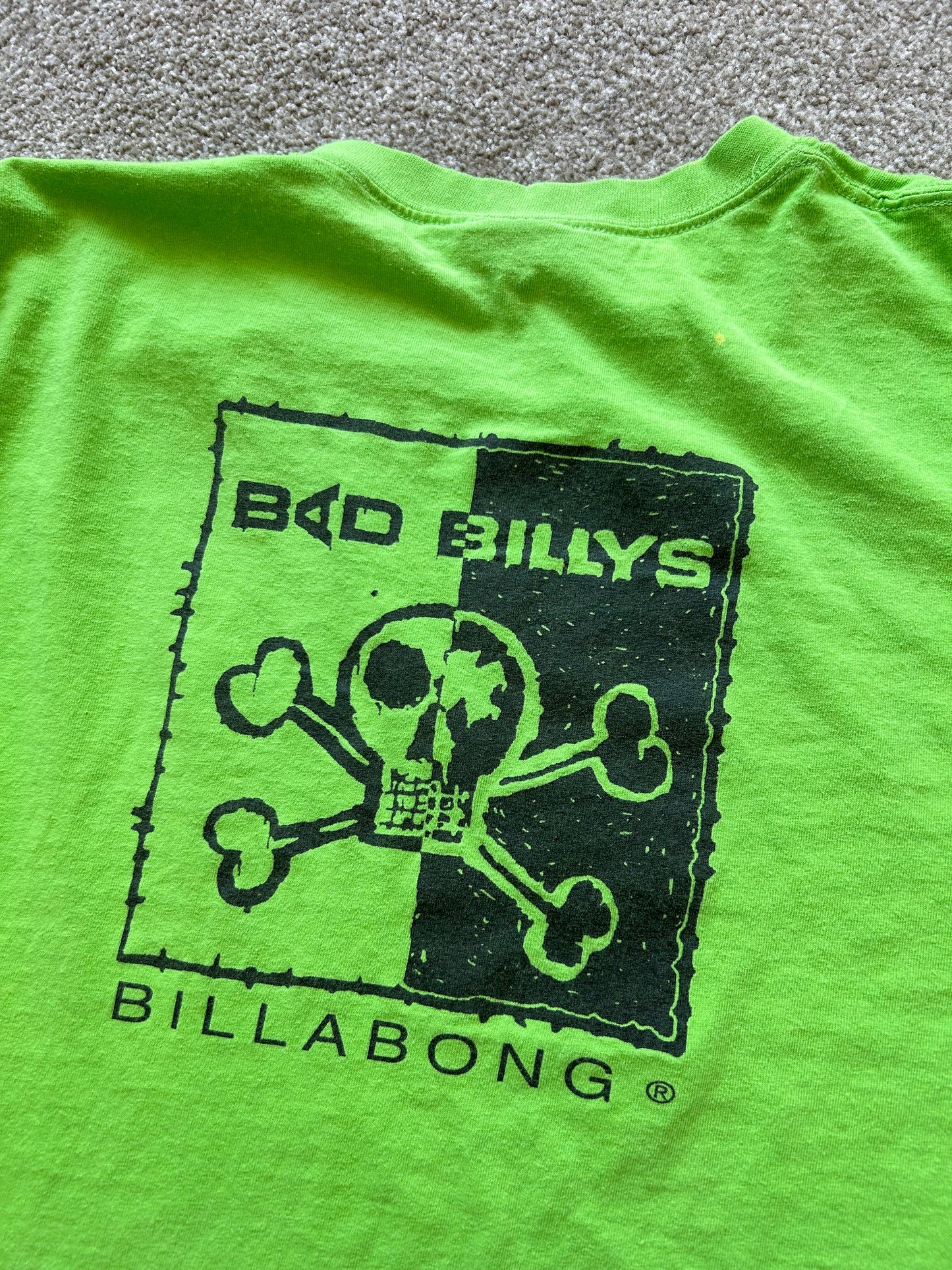 Lime green "Bad Billys" brand Billabong Skate Tee Large Y2K