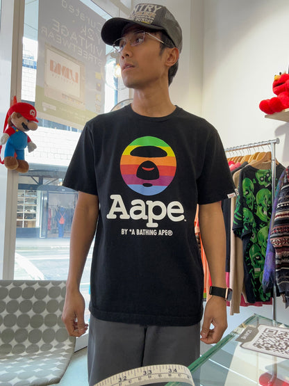black AAPE by A Bathing Ape t-shirt featuring a vibrant rainbow gradient Ape Head logo on the chest Medium