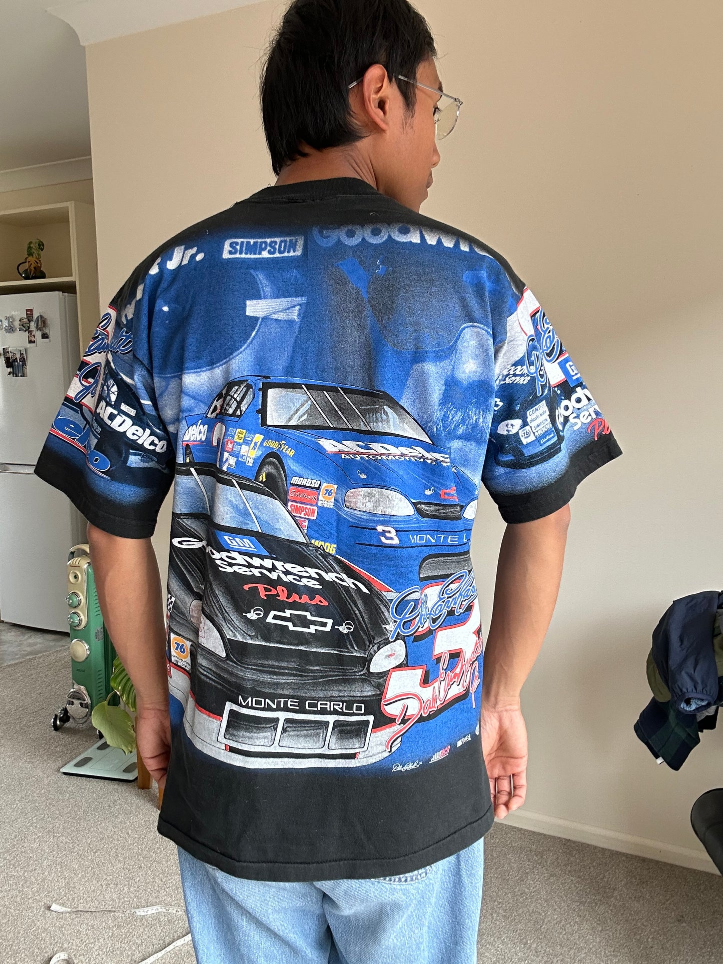 vintage Chase NASCAR "Two Faces of 3" all-over print t-shirt featuring Dale Earnhardt Sr. and Dale Earnhardt Jr Large