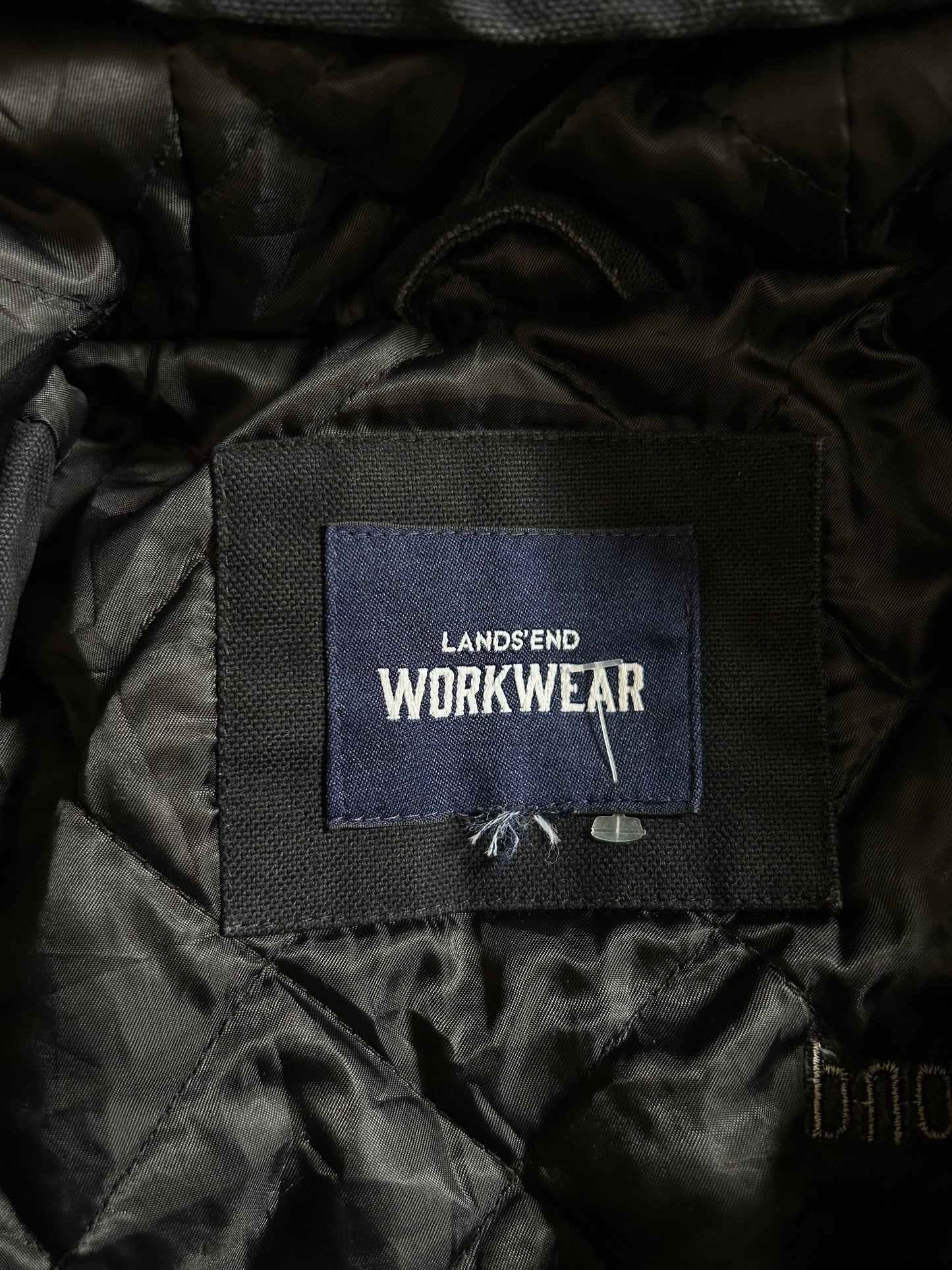 black hooded jacket from the Lands' End Workwear line, featuring a quilted lining Medium