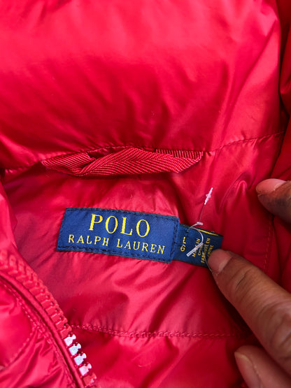 red down puffer jacket from Polo Ralph Lauren, characterized by its quilted design and signature embroidered pony logo on the chest Large