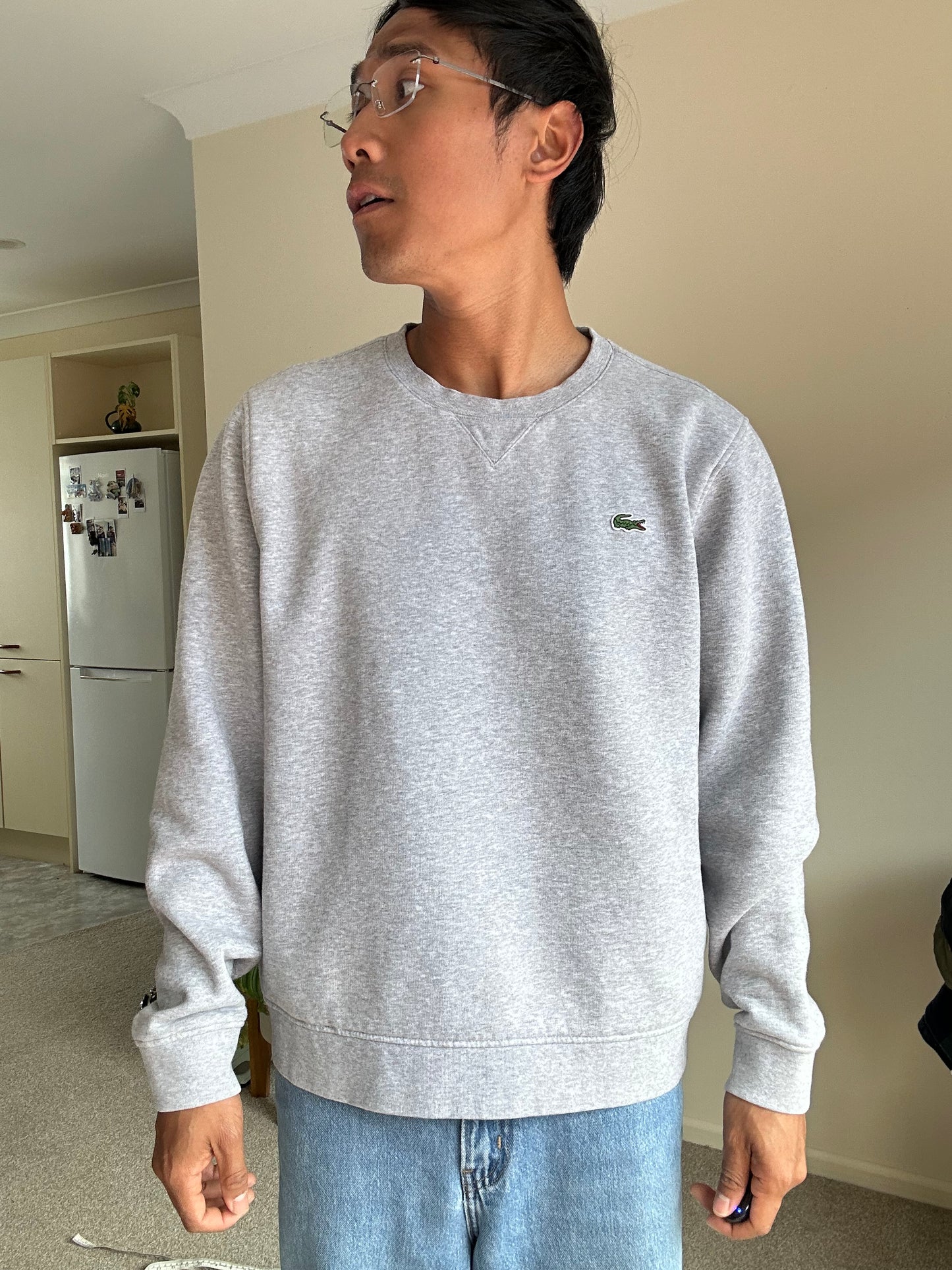 Lacoste grey crew neck sweatshirt, a classic staple from the brand known for its sporty yet stylish aesthetic. Large