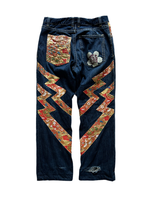 2010s Nishiki Japanese Kimono Thunder Patch Denim Jeans size 34