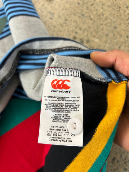 Canterbury of New Zealand short-sleeve rugby jersey features a distinctive multicolored striped design with a large logo