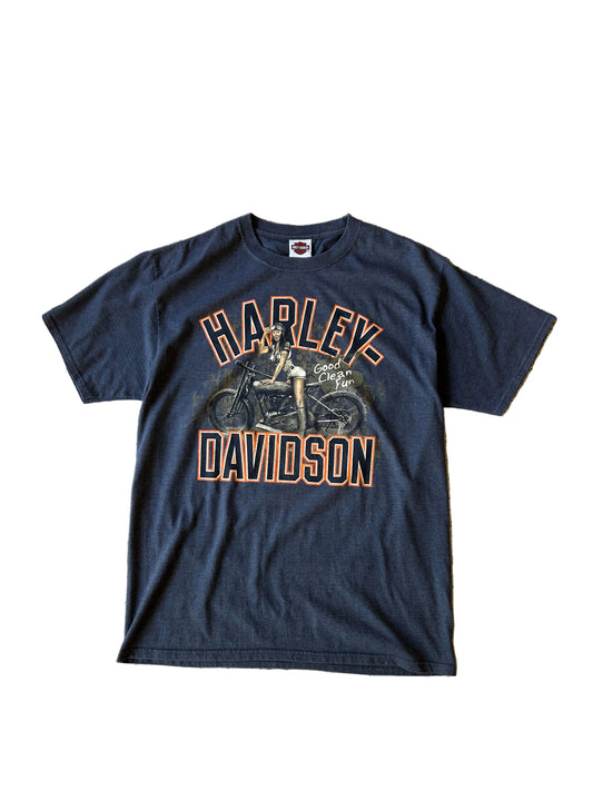 Harley-Davidson "Good Clean Fun" vintage grey graphic t-shirt featuring a pin-up rider on a motorcycle Butte Montana