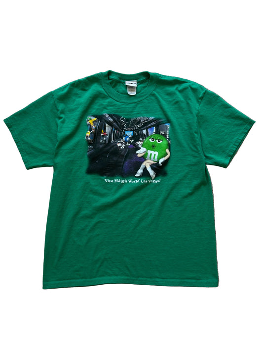 vintage green M&M's World Las Vegas promo t-shirt featuring the green M&M's character size XL