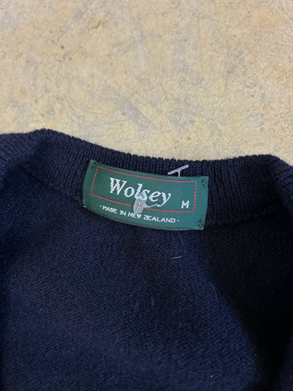 navy blue knitted v-neck vest is a vintage Wolsey brand garment made in New Zealand Medium
