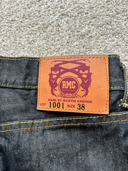 Vintahe RMC Martin Ksohoh wide-leg denim jeans with embroidered skull and rose graphics. size 35 waist