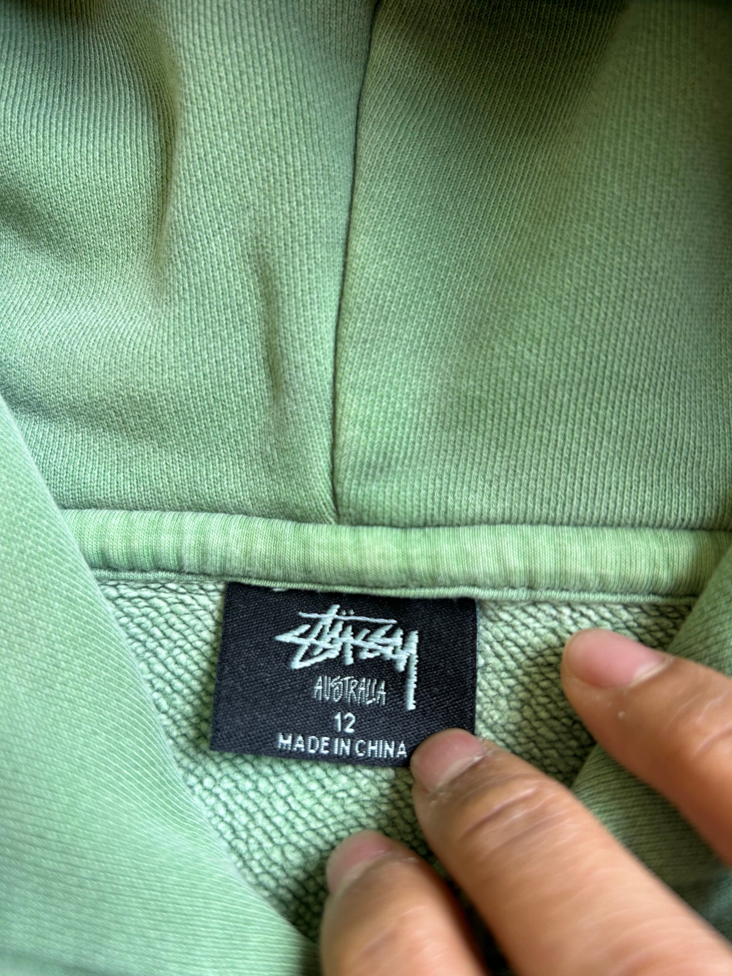 sage green hoodie is a Stüssy "Chapter" model featuring an embroidered logo size 16 Medium Cropped Boxy Fit