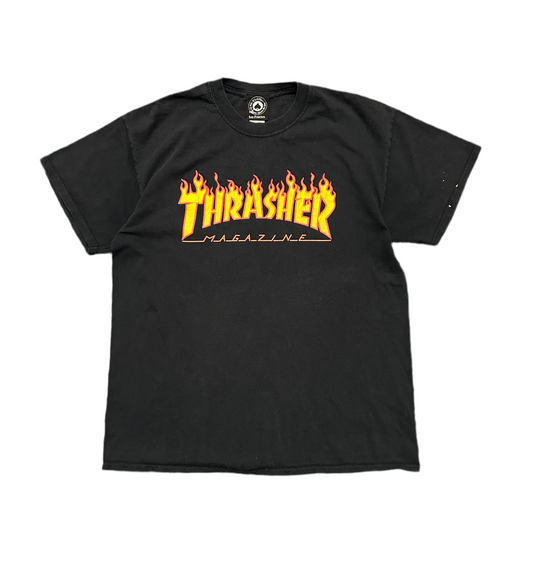 Thrasher Flame Tee Black Large Faded