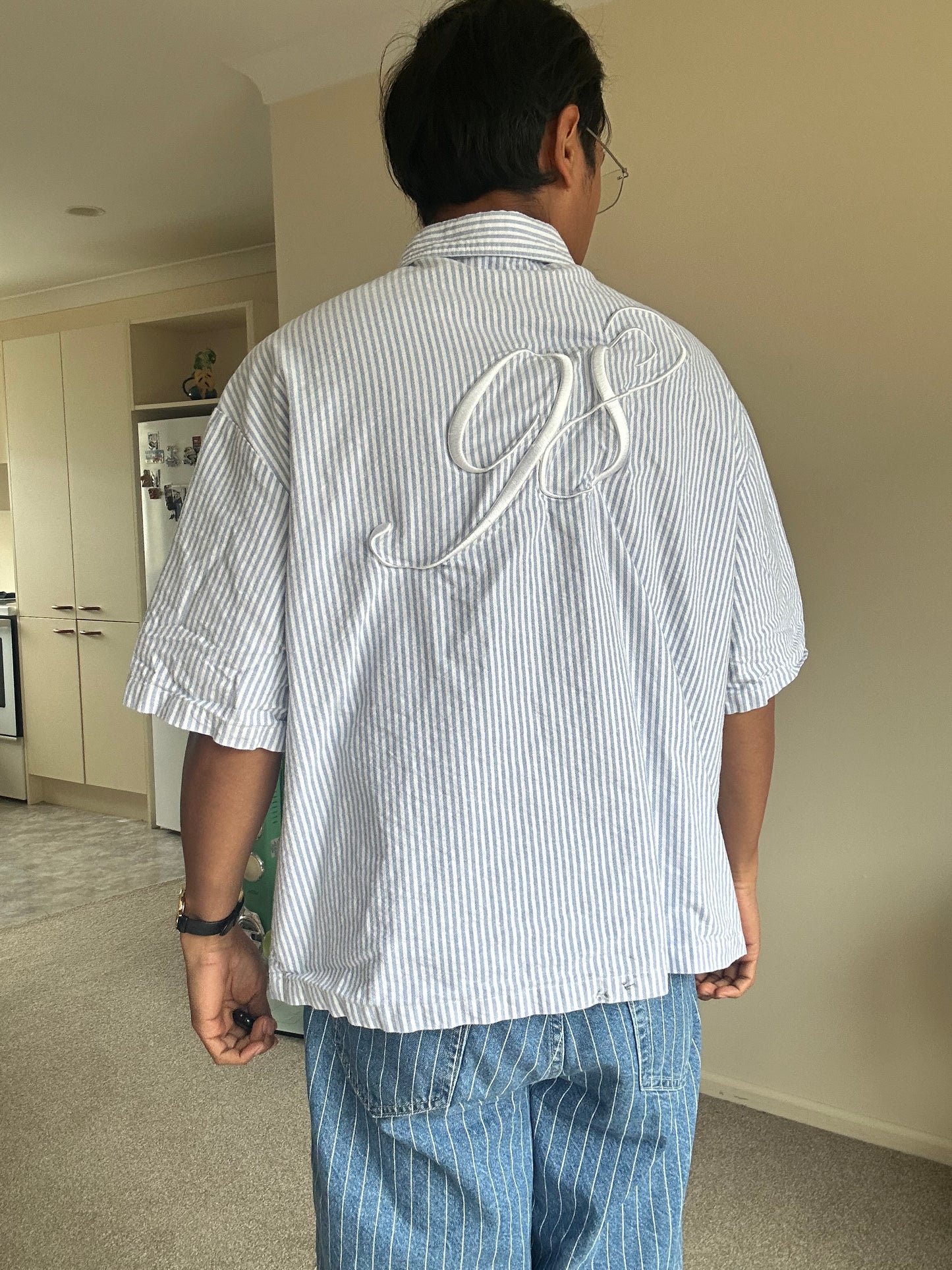 Loiter Rodeo Quarter Zip Up Shirt in blue pin stripe Large