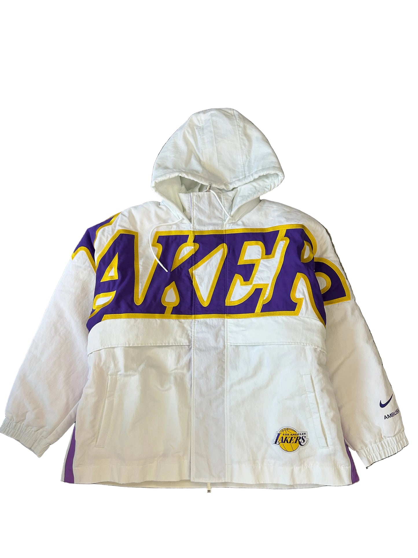 Nike x AMBUSH NBA Collection Los Angeles Lakers Hooded Jacket in summit white featuring bold purple and gold team lettering across the chest XXL