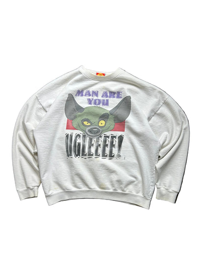 vintage white crewneck sweatshirt features a large graphic of Ed the hyena from The Lion King with the text "MAN ARE YOU UGLEEEE Large