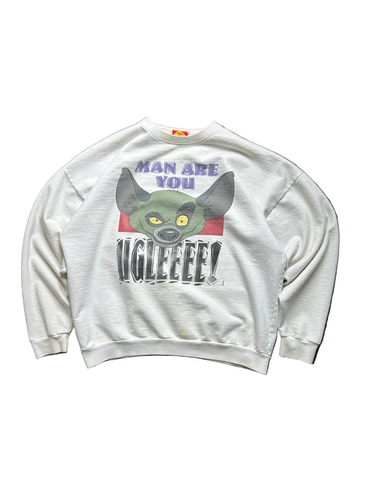 vintage white crewneck sweatshirt features a large graphic of Ed the hyena from The Lion King with the text "MAN ARE YOU UGLEEEE Large