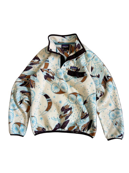 Patagonia Men's Lightweight Synchilla Snap-T Fleece Pullover in the Harvest Moon Owl Feathers pattern Small