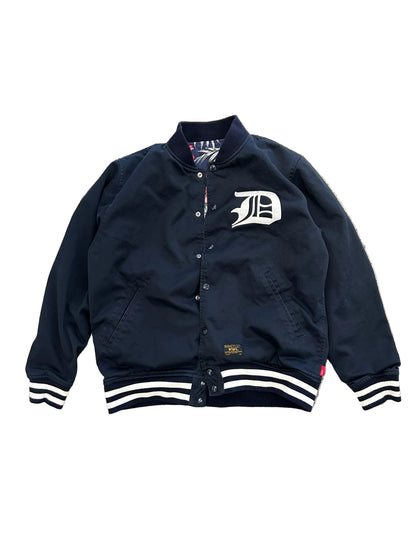 WTAPS 15SS Team Reversible Jacket (often called the Team JKT), featuring a Detroit Tigers-style "D" logo on the chest and a reversible floral/hibiscus lining Large