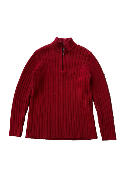 classic red ribbed quarter-zip sweater by Polo Ralph Lauren featuring a high mock neckline and textured vertical ribbing Small