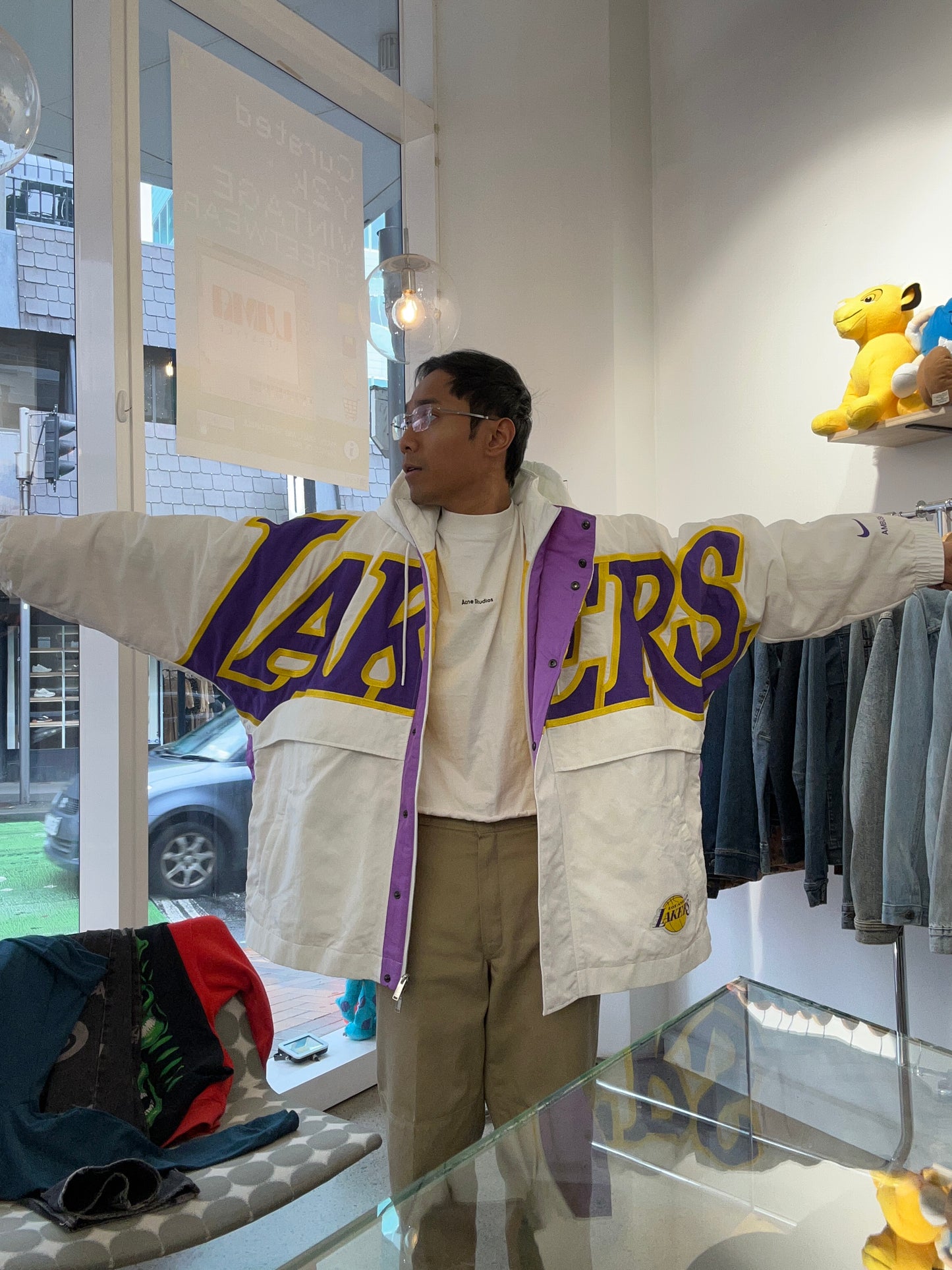 Nike x AMBUSH NBA Collection Los Angeles Lakers Hooded Jacket in summit white featuring bold purple and gold team lettering across the chest XXL