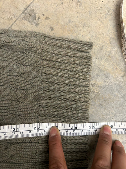 Vintage  Polo Ralph Lauren cable-knit V-neck sweater features a classic olive green textured weave and an embroidered signature pony logo