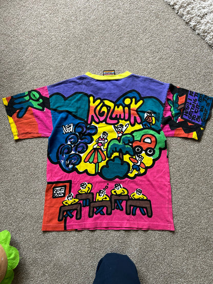 Vintage Kozmik All Over Print Hand Painted Tee Made in NZ Medium