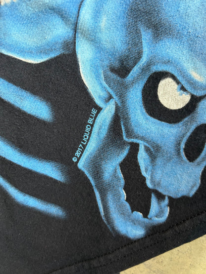 Liquid Blue "Skull Pile" t-shirt, known for its all-over print featuring blue skeletons XL Black 2017