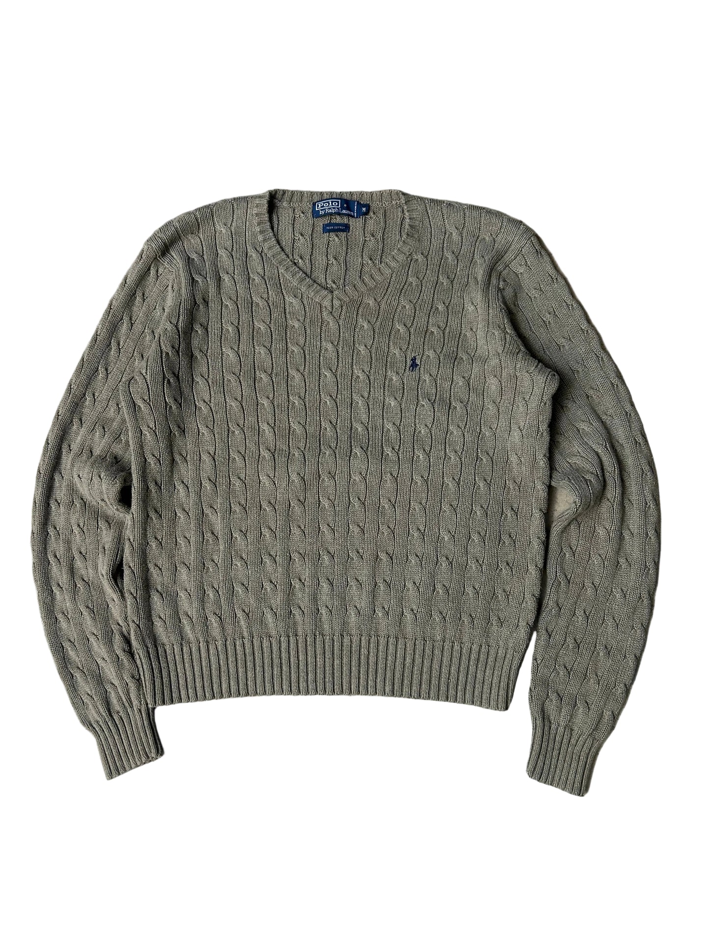 Vintage  Polo Ralph Lauren cable-knit V-neck sweater features a classic olive green textured weave and an embroidered signature pony logo