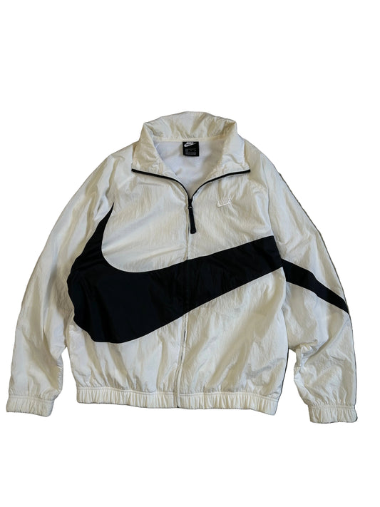 Nike Big Swoosh Woven Statement Jacket, often referred to as a windbreaker, which features a prominent large swoosh design XL White