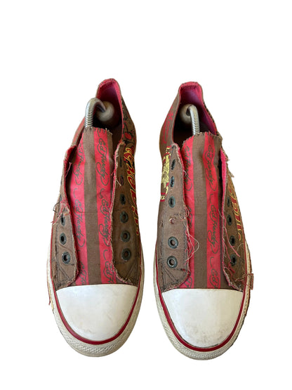 Ed Hardy slip-on canvas sneakers in brown and red with graphic prints.l Brown size US 10 EU 44