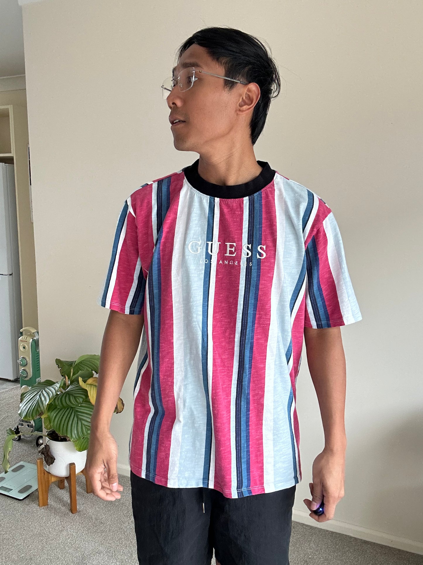 Guess Originals Eco Stripe Tee in a pink and blue multi-colorway Medium